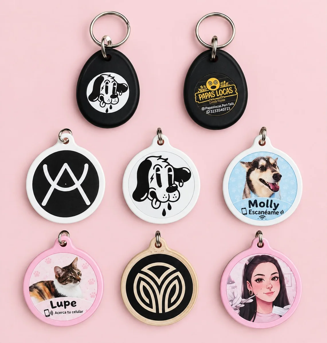 Colección de llaveros y placas Identi para negocios, artistas y mascotas